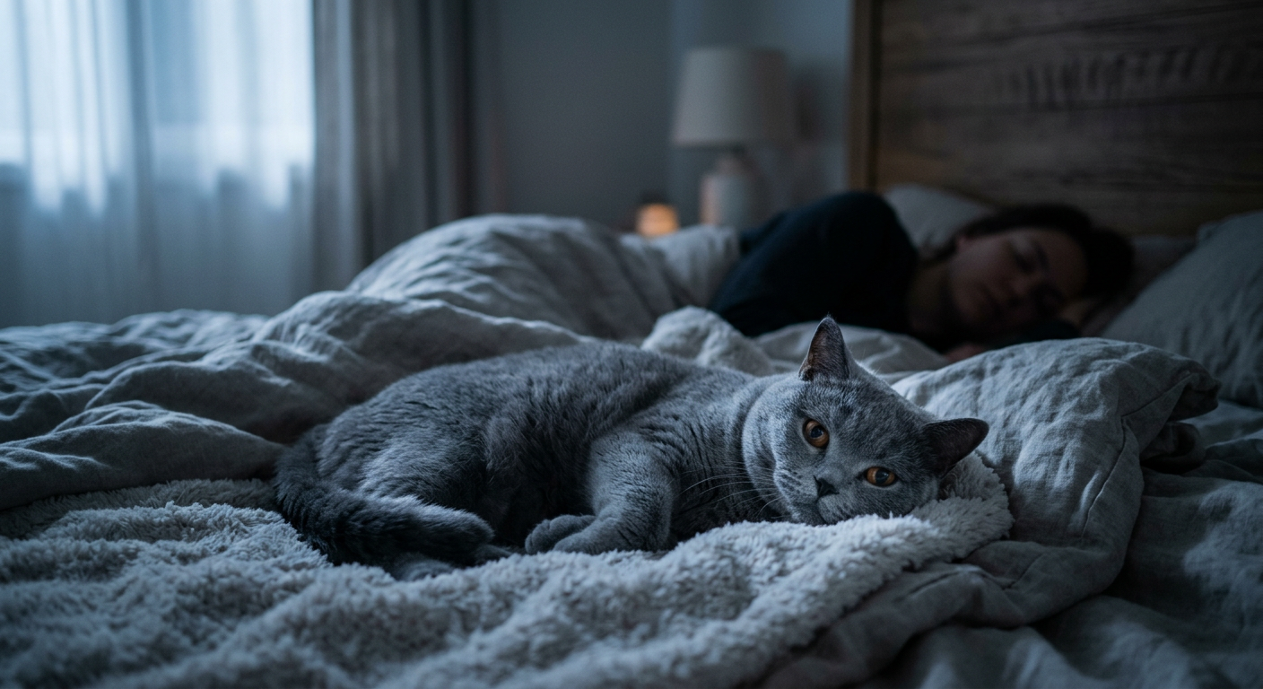 A fluffy Ragdoll cat sitting peacefully on a person's chest in a dark, moonlit bedroom.