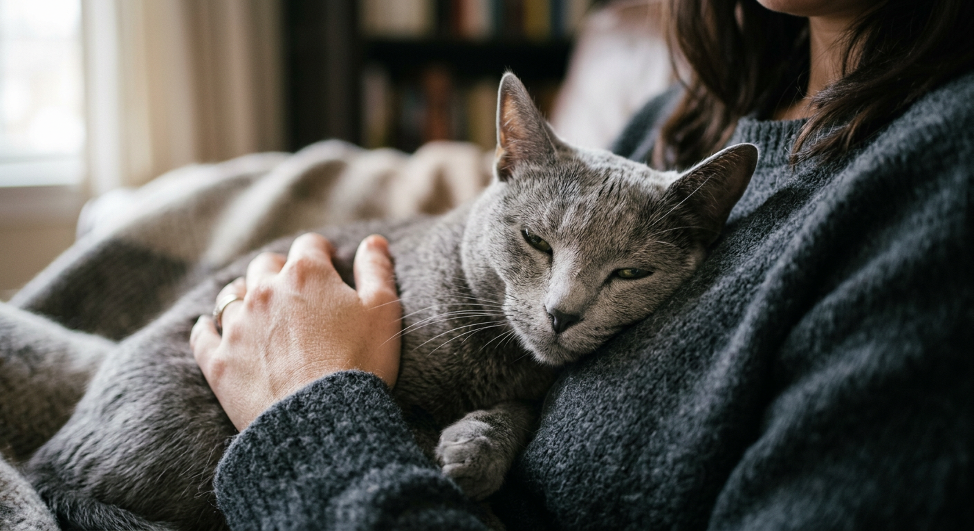 A sleek Russian Blue cat purring while resting on a blue blanket over a person.