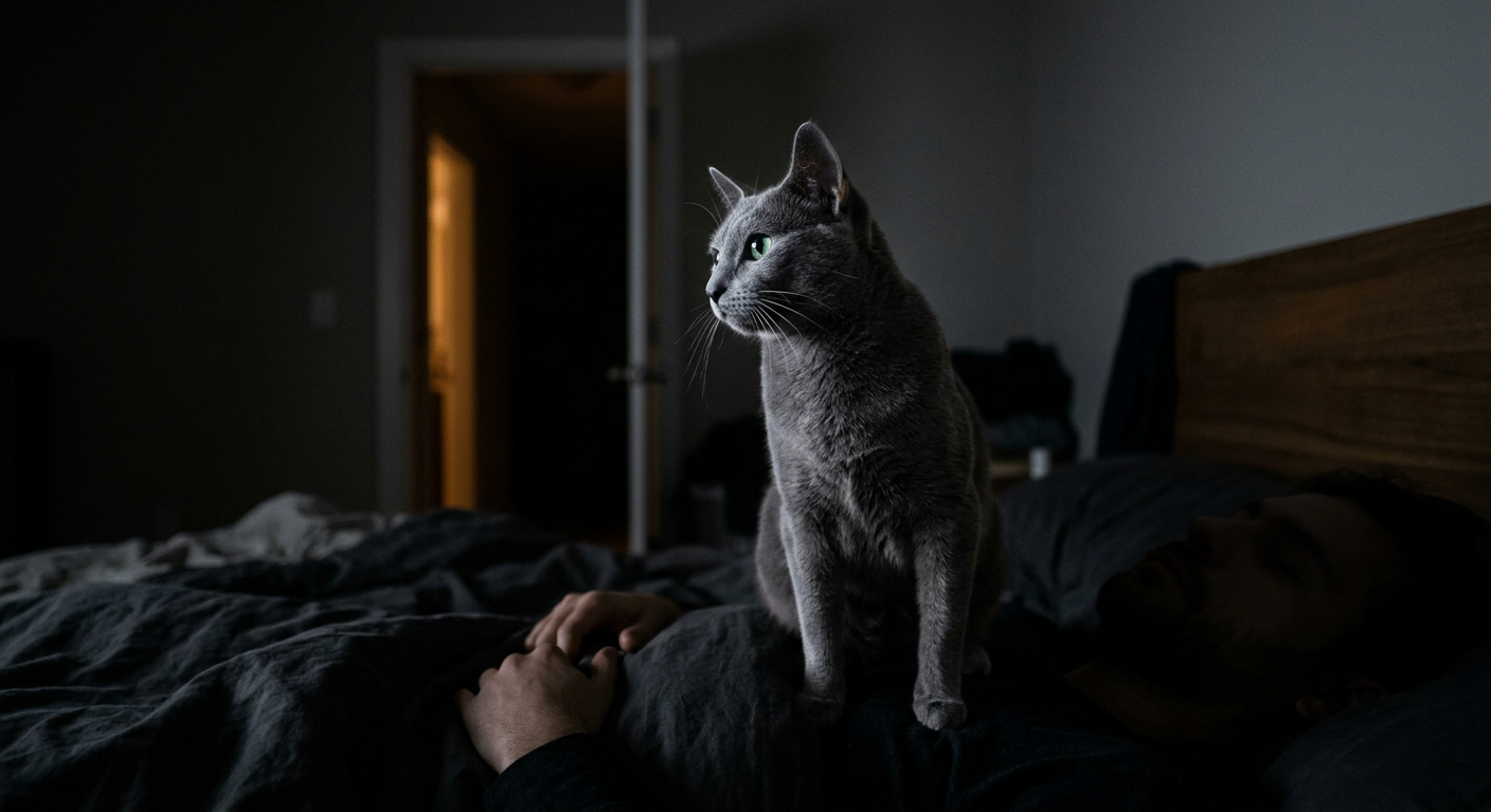 A calico cat looking alert while sitting on its owner in bed at night.