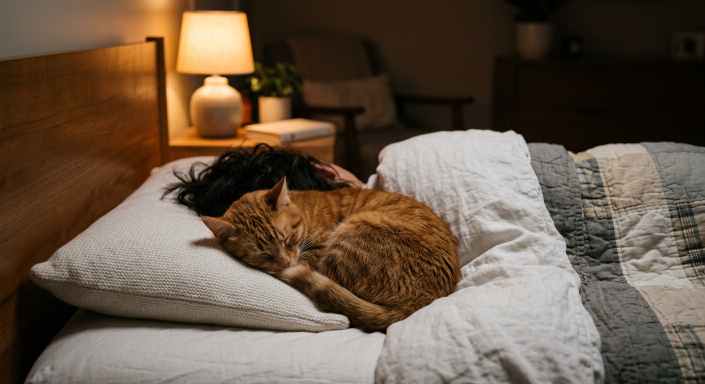 A ginger tabby cat curled up peacefully on a white pillow next to a person's head during the night.