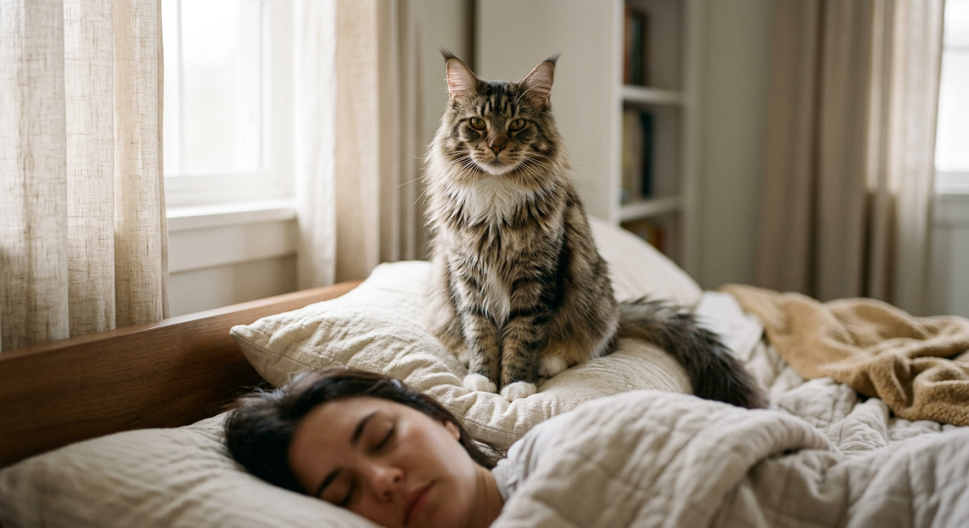 A Siamese cat sitting alertly on a pillow above its sleeping owner's head, acting as a guardian.