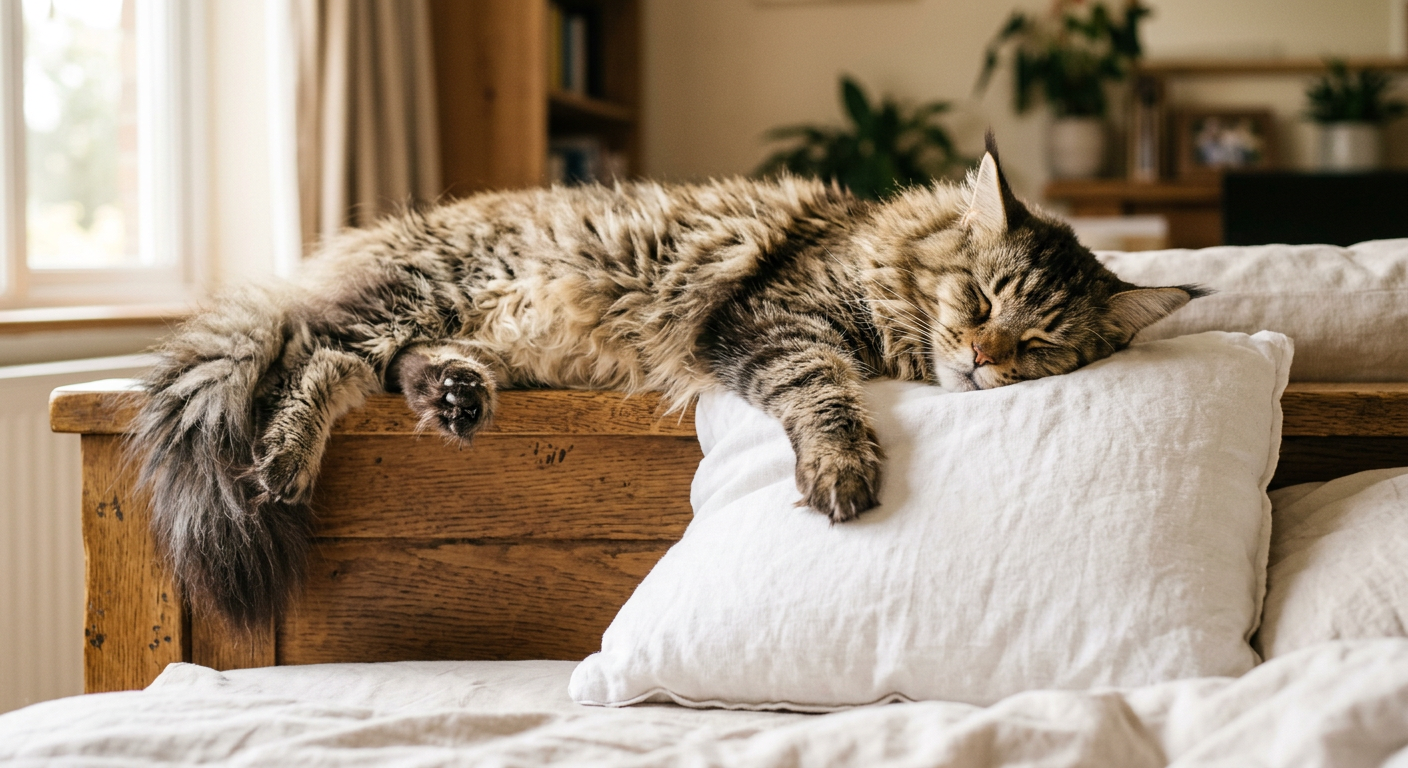 A fluffy Maine Coon cat stretching out across the top of a bed headboard and pillow.