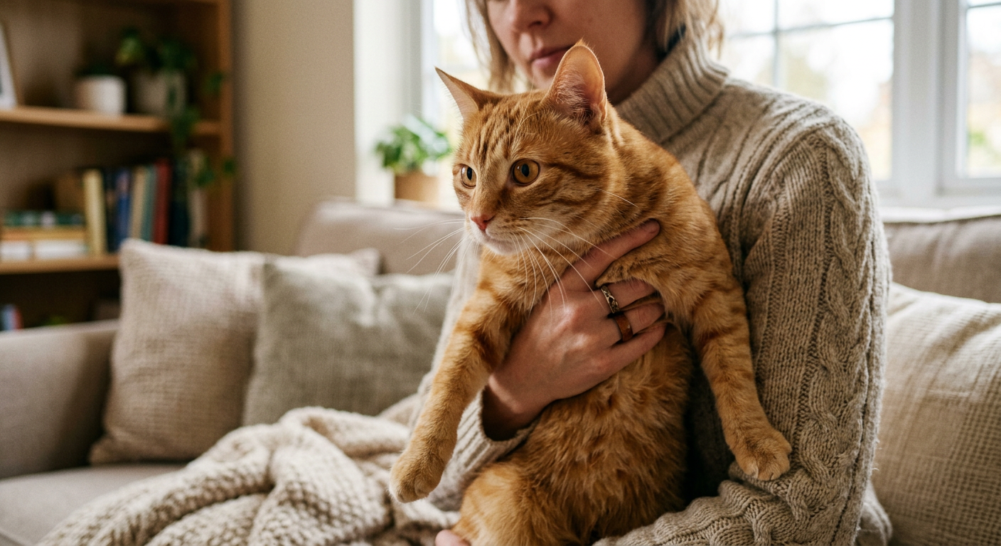 A fluffy ginger tabby cat looking slightly stiff and alert while being held by a person indoors.