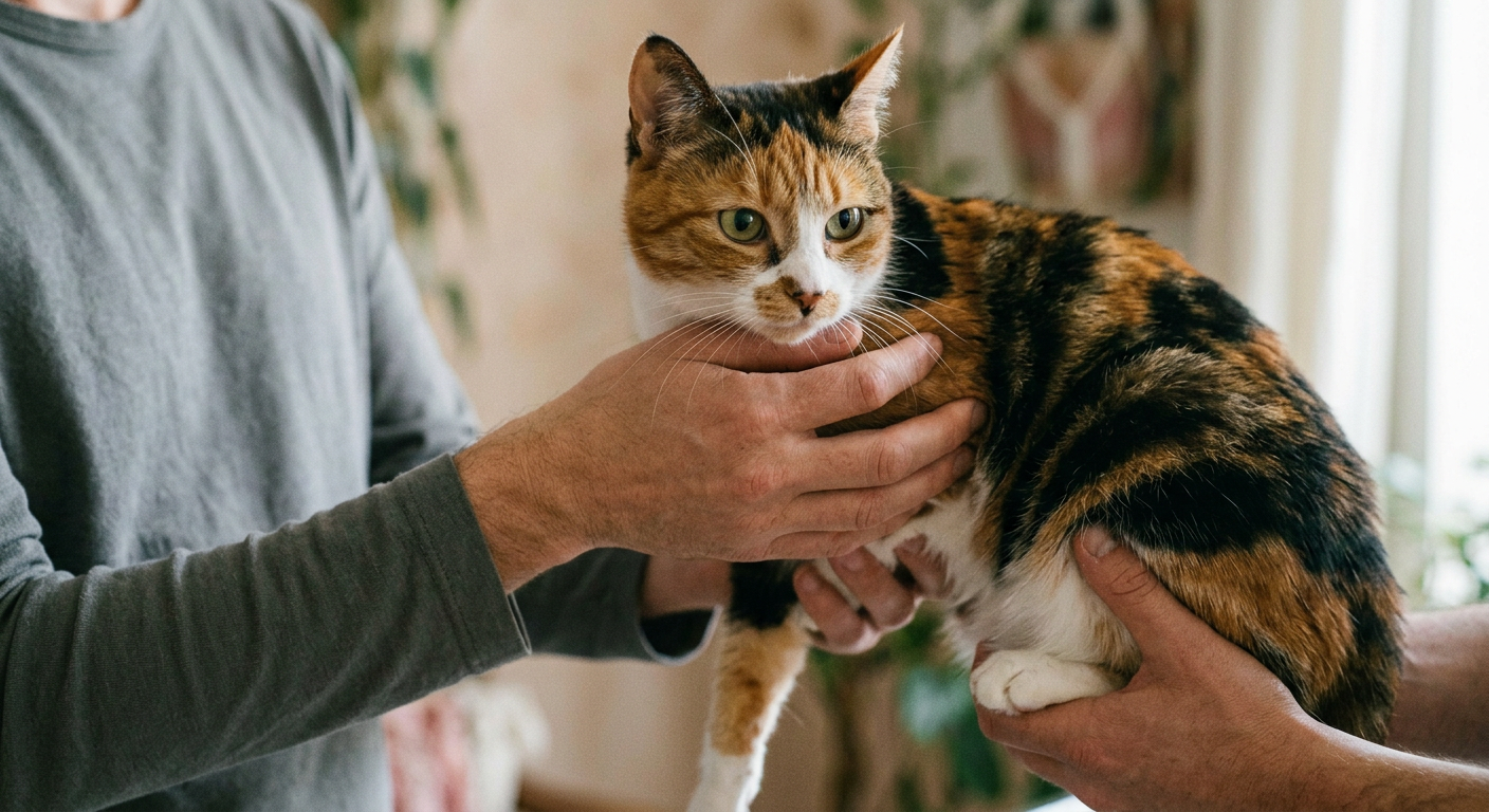 A person correctly supporting a calico cat under the chest and hind legs to ensure stability.