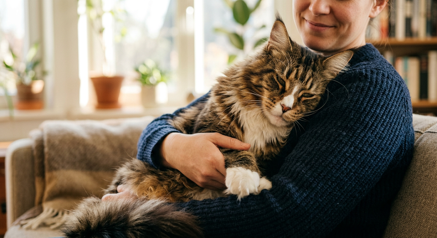 A happy Siamese cat leaning into its owner's chest while being held gently near a window.