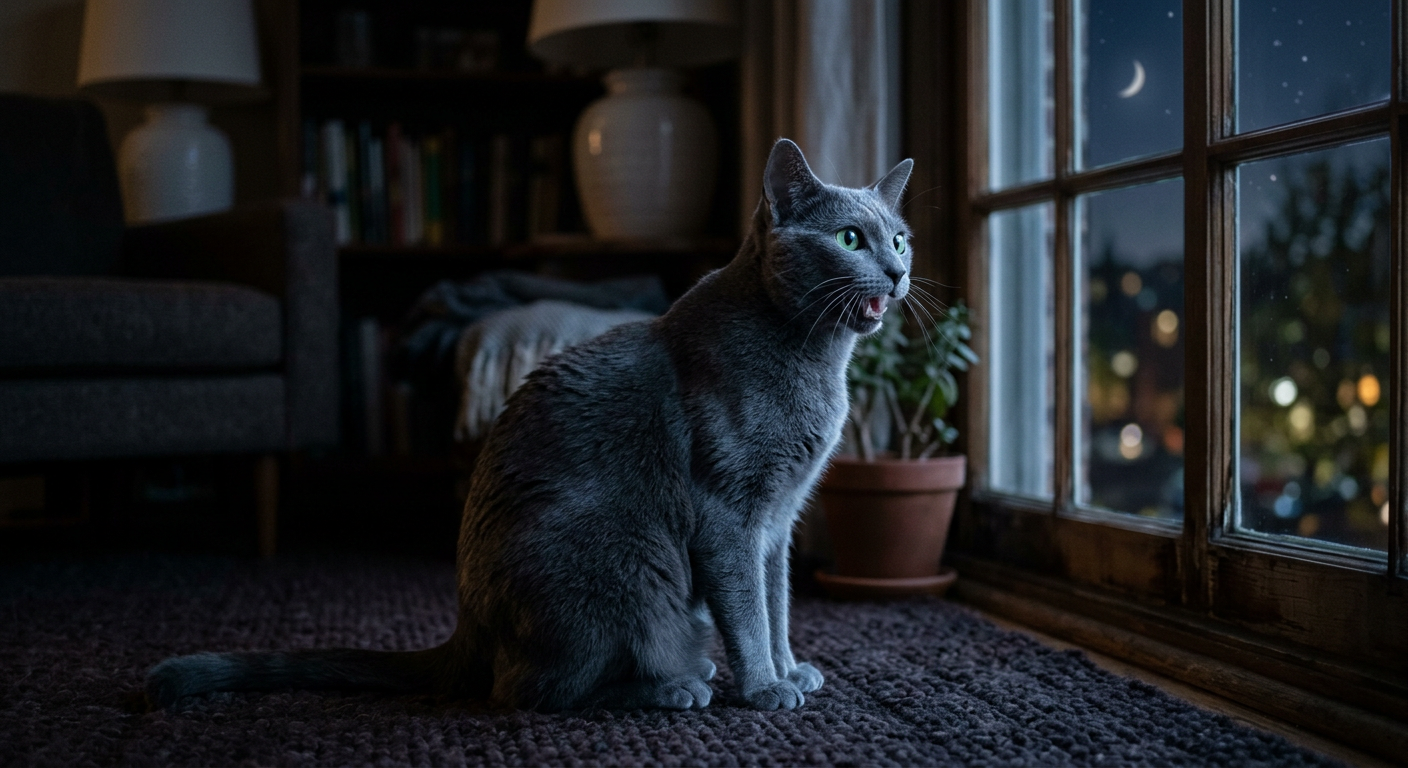 A sleek Russian Blue cat sitting on a wooden floor in a dimly lit room, looking toward a window.