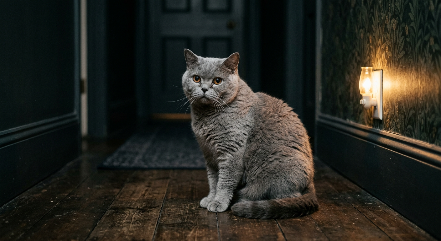 An elderly British Shorthair cat resting on a soft blanket with a gentle nightlight in the background.