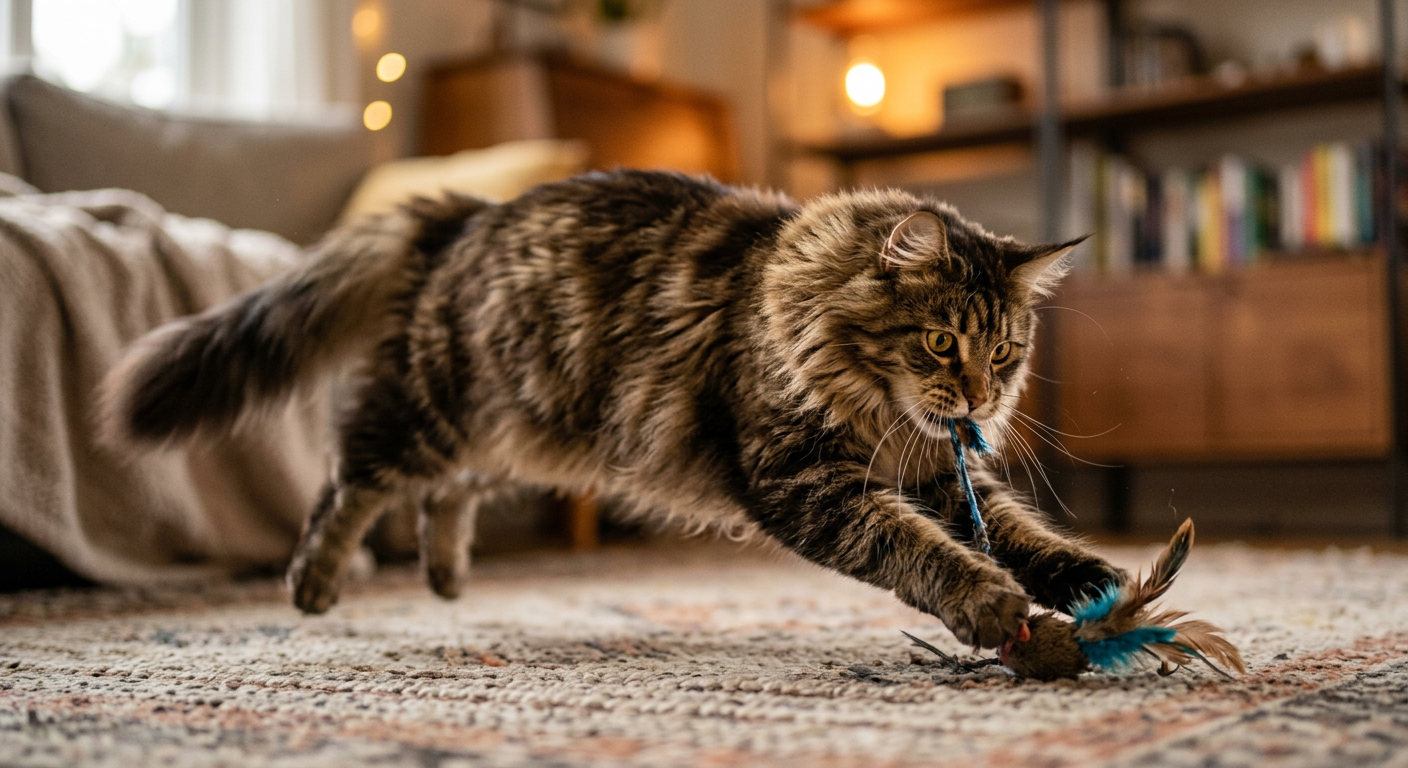 A fluffy Maine Coon cat playing with a feather wand toy in a brightly lit living room.