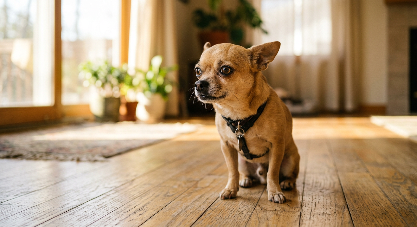 A small tan Chihuahua sitting on a wooden floor, looking alert with slight muscle tremors visible.