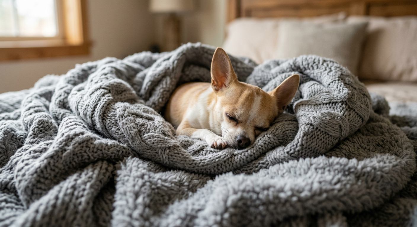 A Chihuahua burrowed under a soft grey blanket with only its head showing.