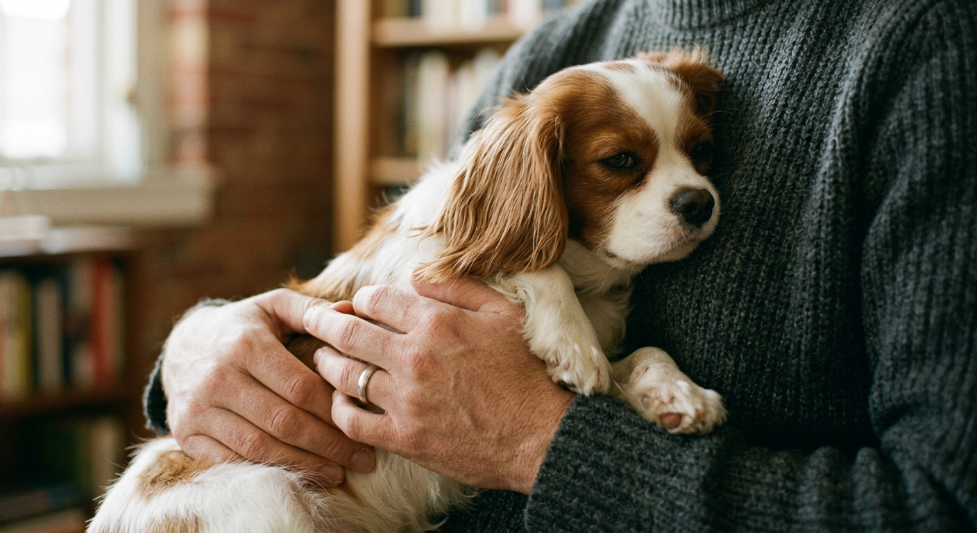 A person gently cradling a small Chihuahua in their hands to provide comfort.