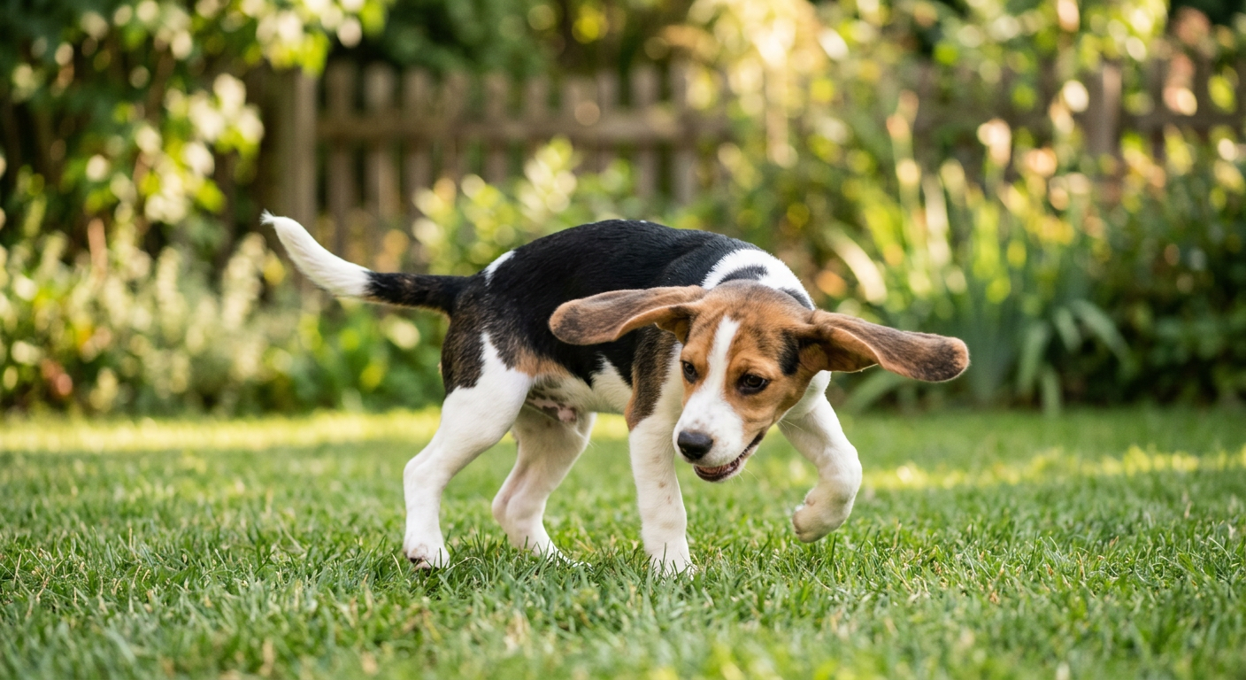 A Beagle dog spinning in a circle on green grass in a suburban backyard.