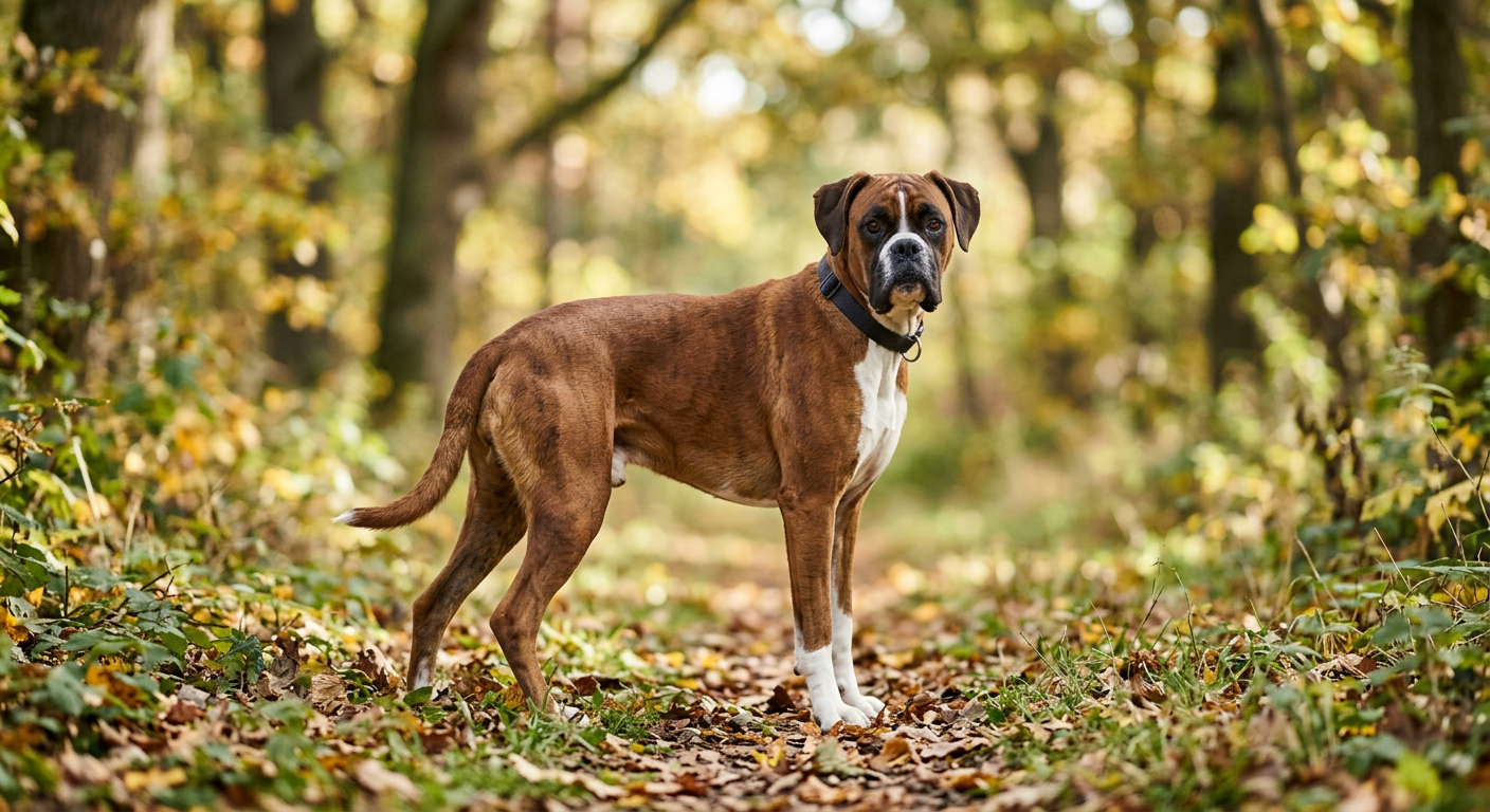 A Boxer dog looking back at its owner while preparing to poop in a park.