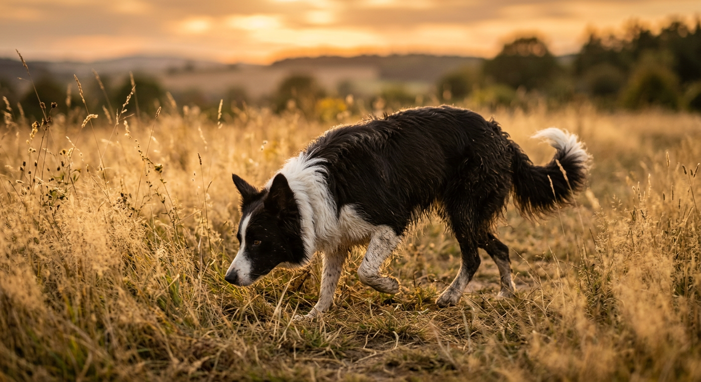 A Border Collie sniffing the grass and beginning to circle in a field during sunset.
