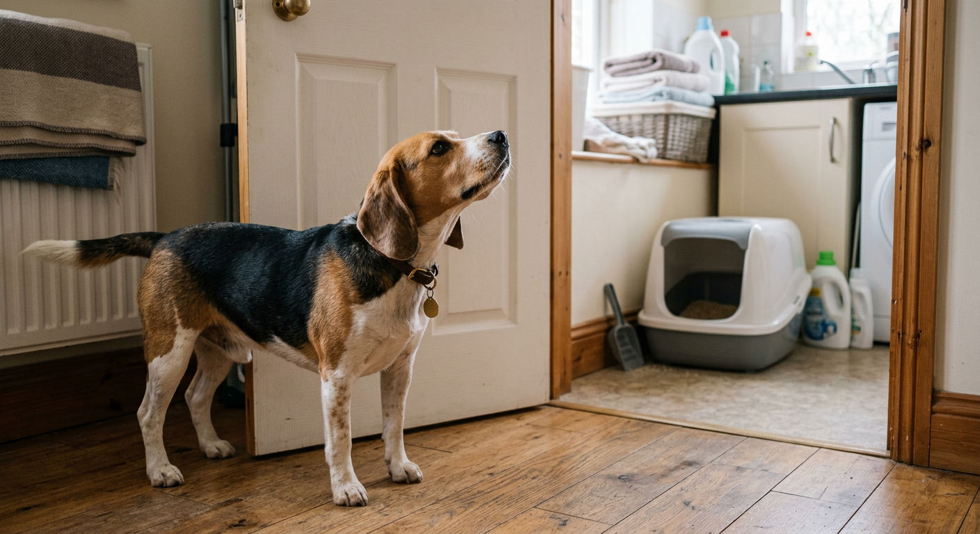 A curious Beagle sniffing around a laundry room near a cat litter box area.