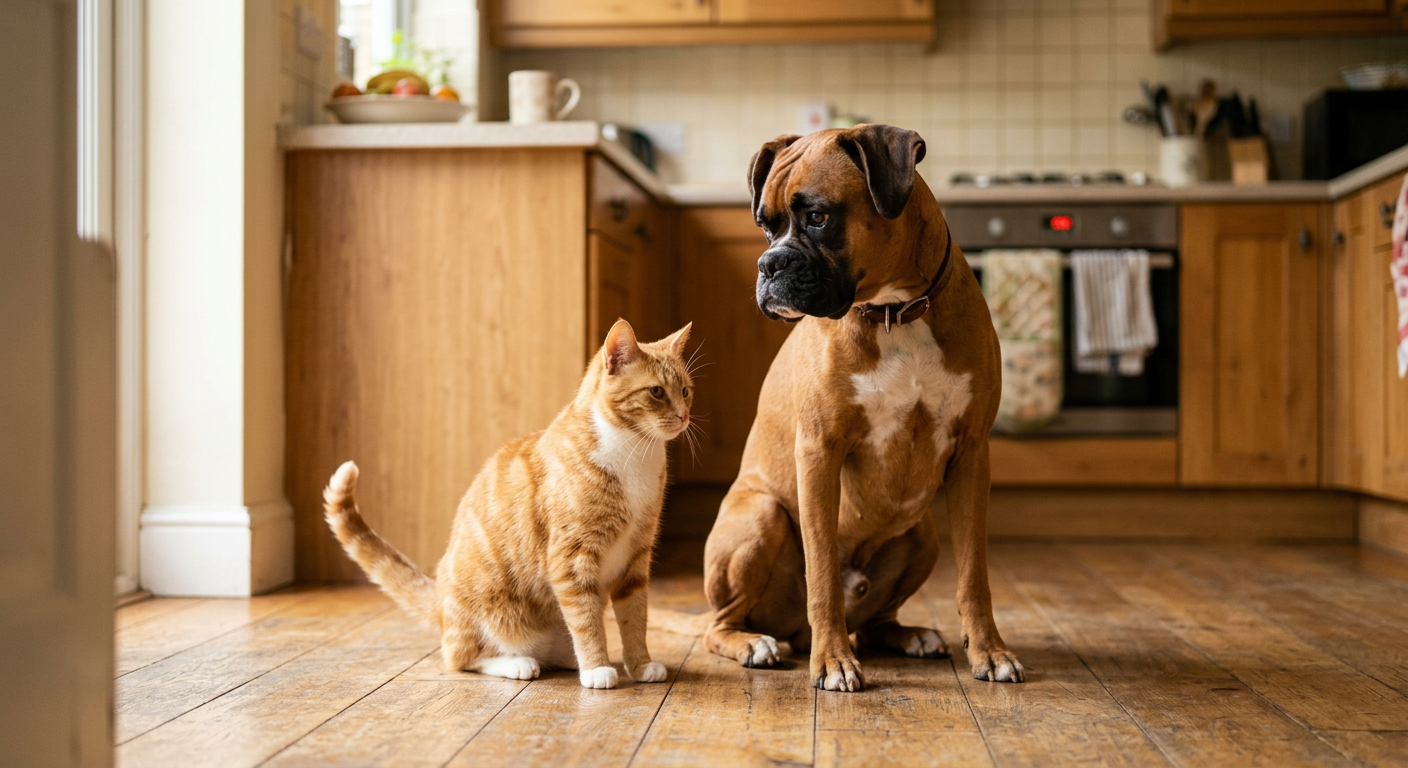 A tabby cat and a Boxer dog sitting together in a clean modern kitchen.