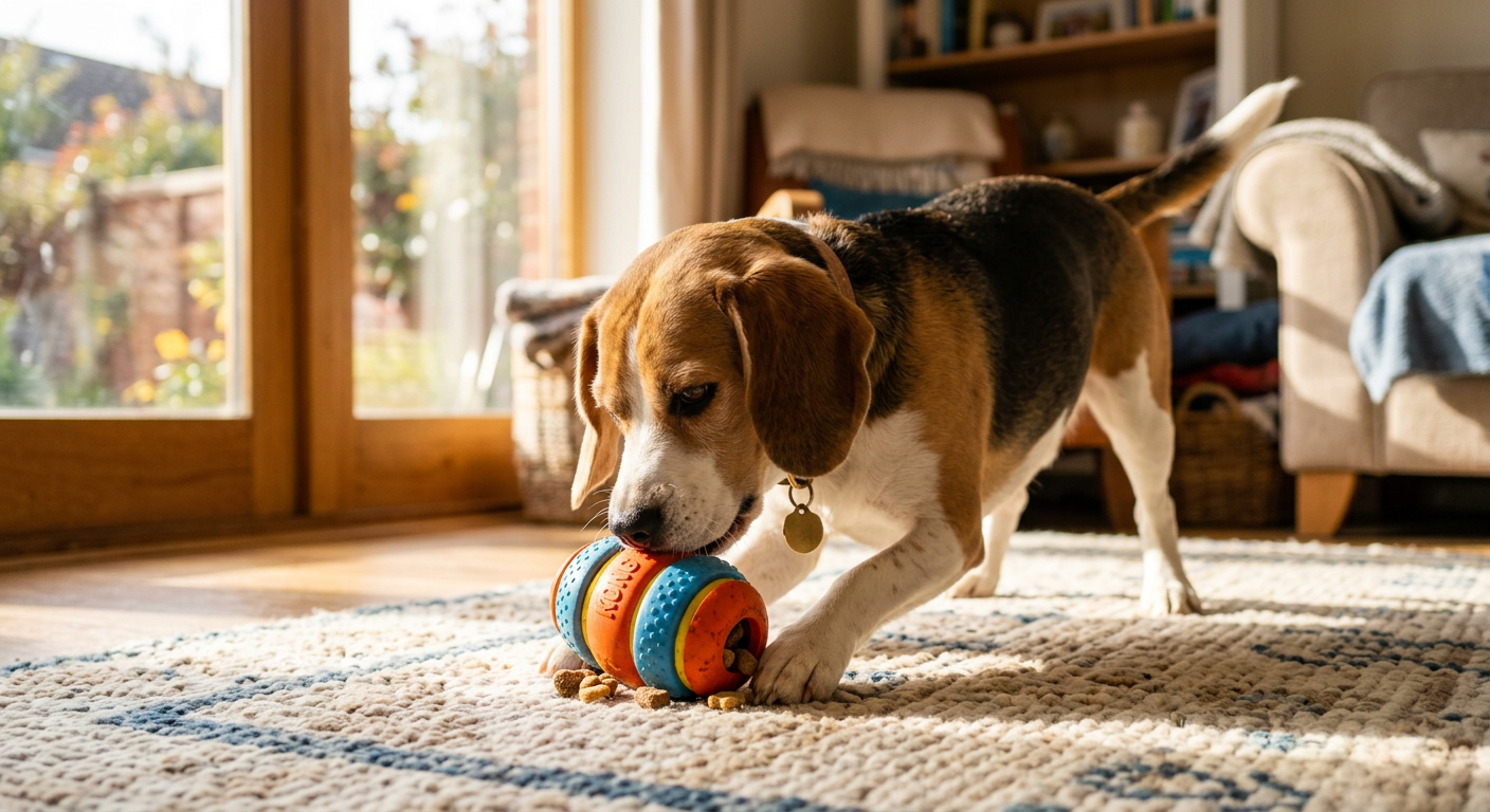 A Beagle dog happily chewing on a durable rubber toy on a living room rug.
