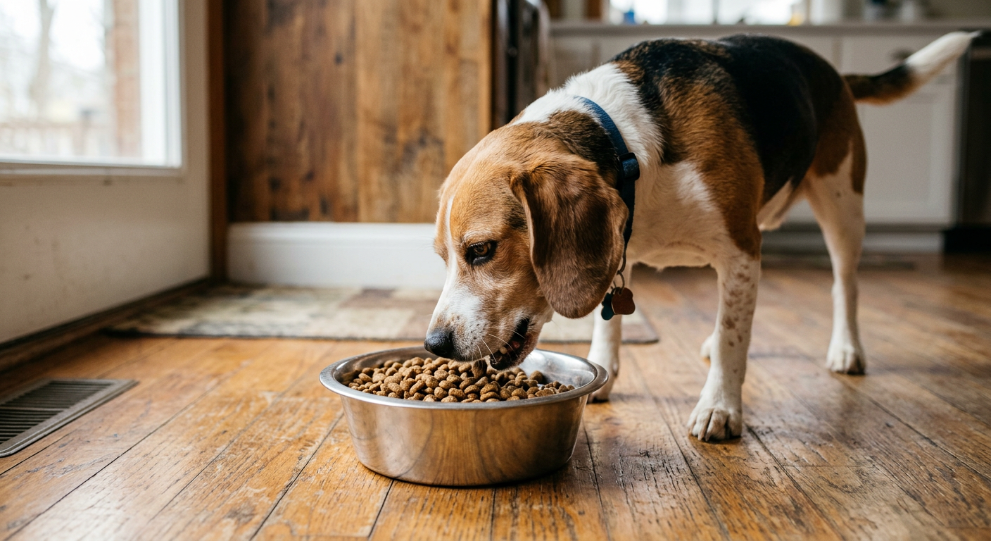 A Beagle eating food very quickly from a standard metal bowl in a kitchen setting.
