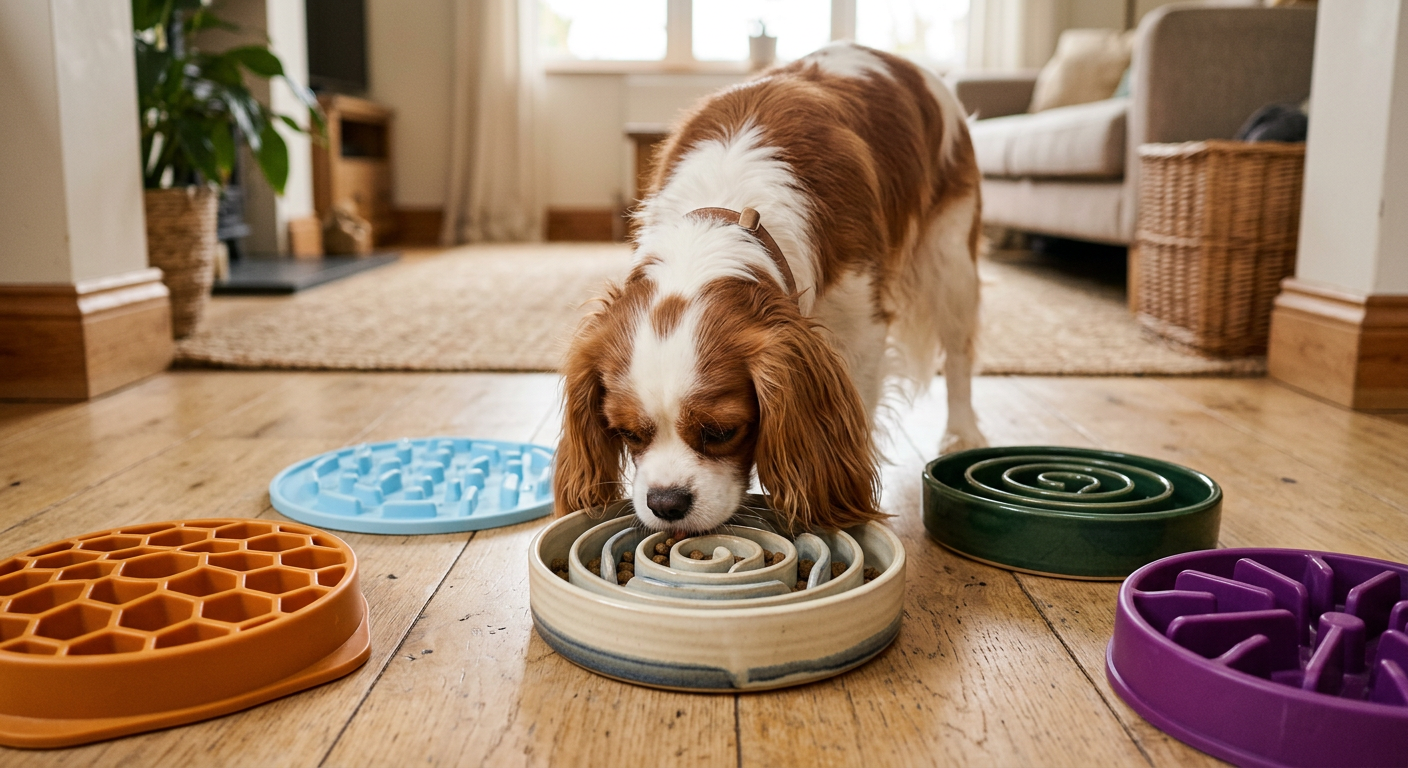A variety of colorful plastic and silicone slow feeder dog bowls on a white background.