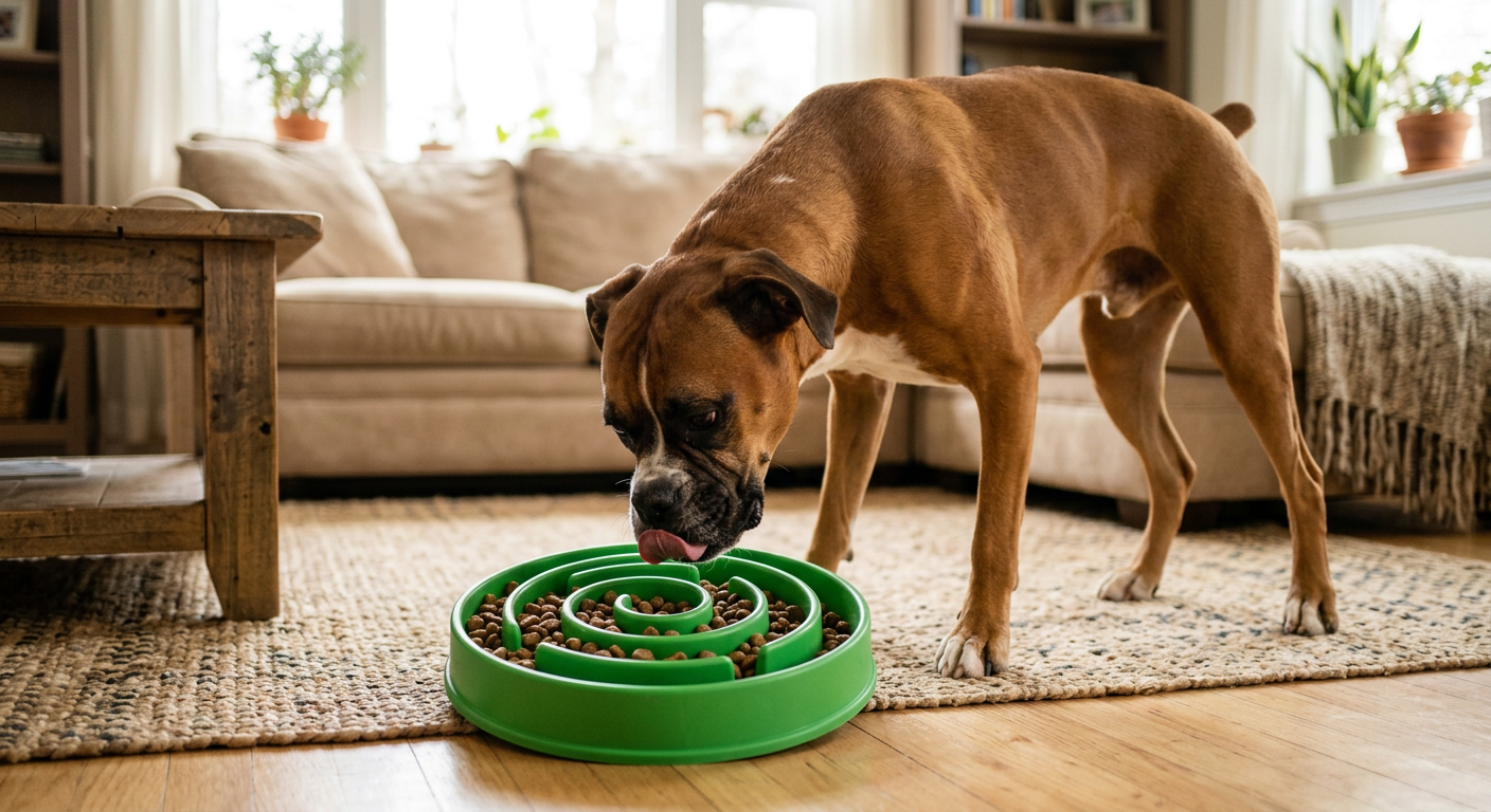 A Boxer dog calmly using a slow feeder bowl to eat its dinner.