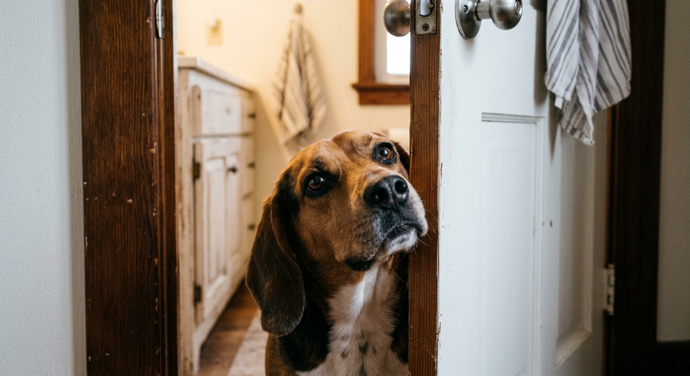 A curious Beagle peering through a slightly open bathroom door with an inquisitive expression.