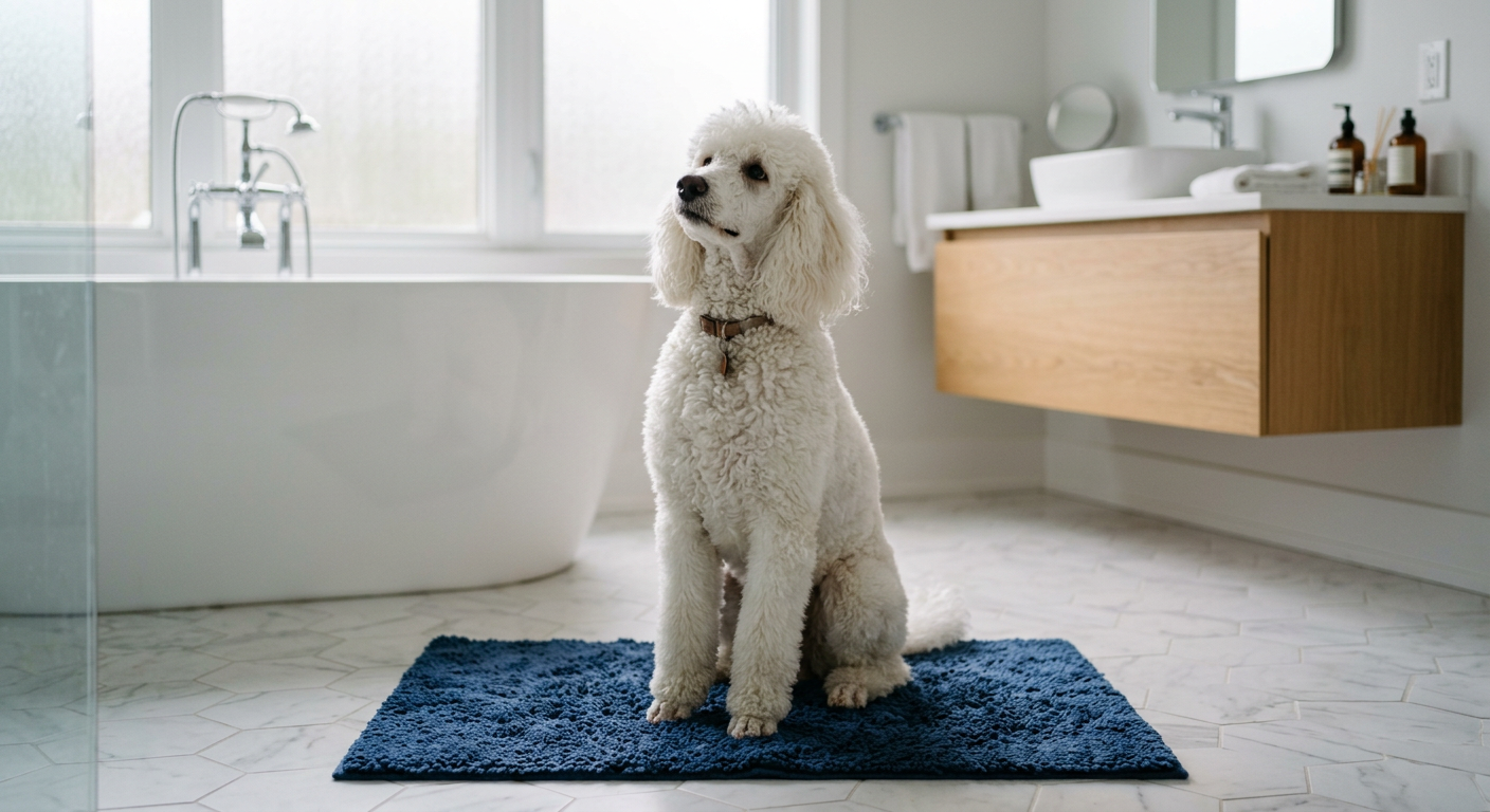 A fluffy Poodle sitting patiently on a bathroom rug looking at its owner.