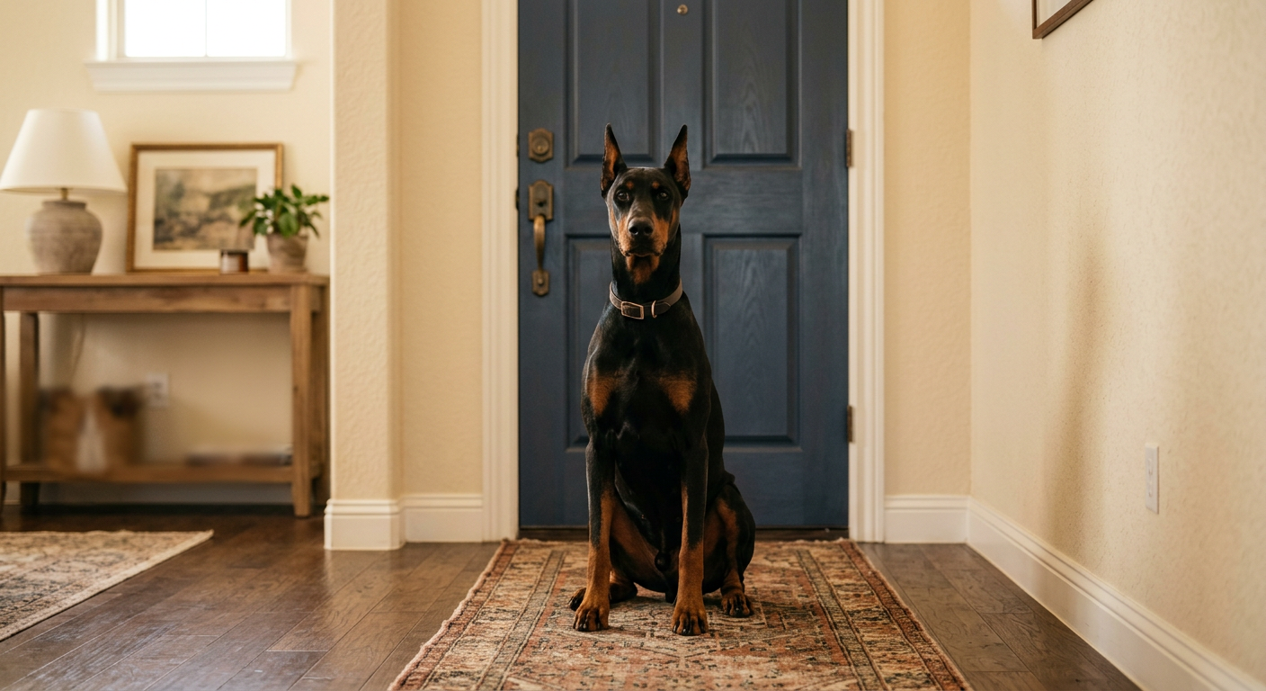 A protective Doberman Pinscher sitting by a closed door keeping watch in a hallway.