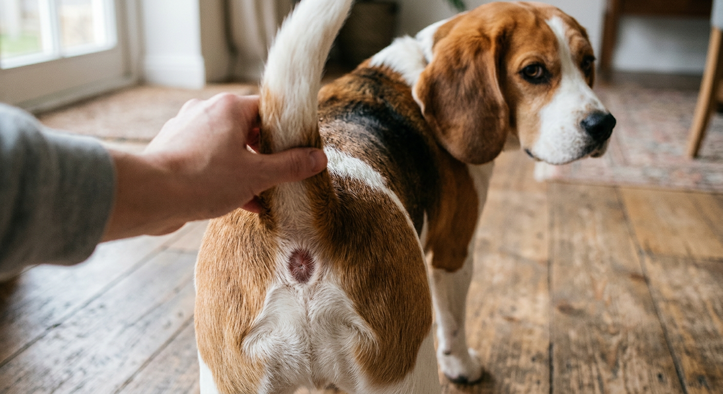 A Beagle dog sitting calmly while a person examines a small bald patch at the base of its tail.