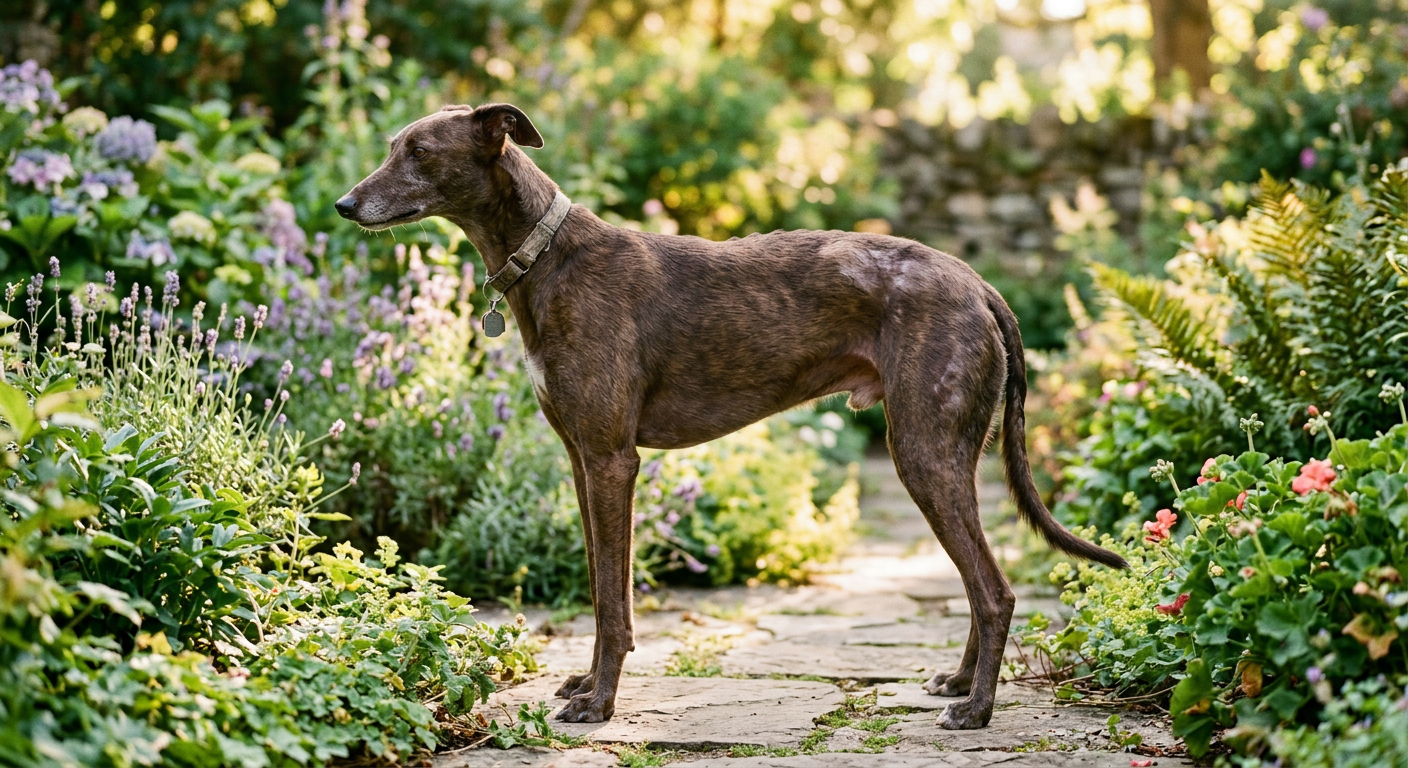 A Greyhound standing outdoors with visible thinning fur on its lower back and tail.