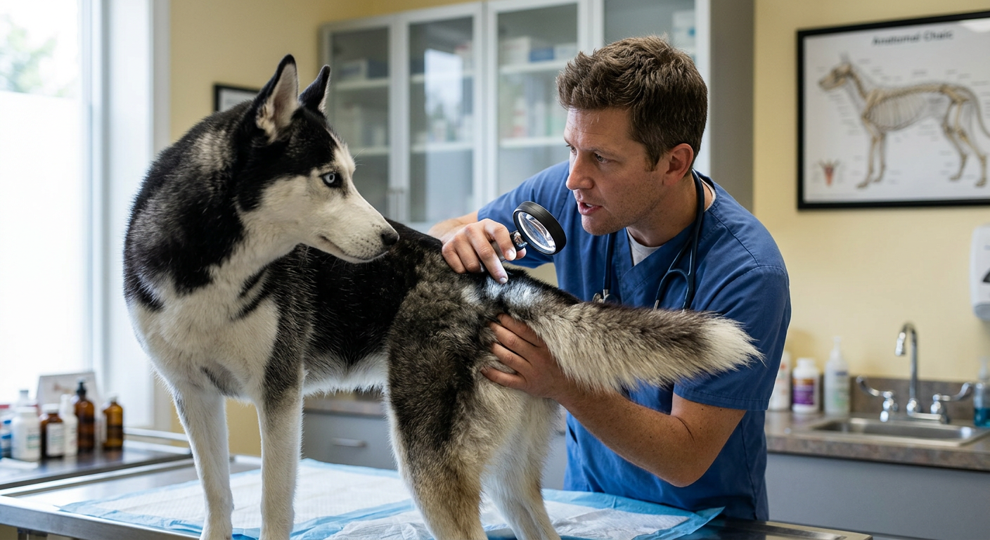A veterinarian examining the skin of a Boston Terrier in a clean, professional clinic.