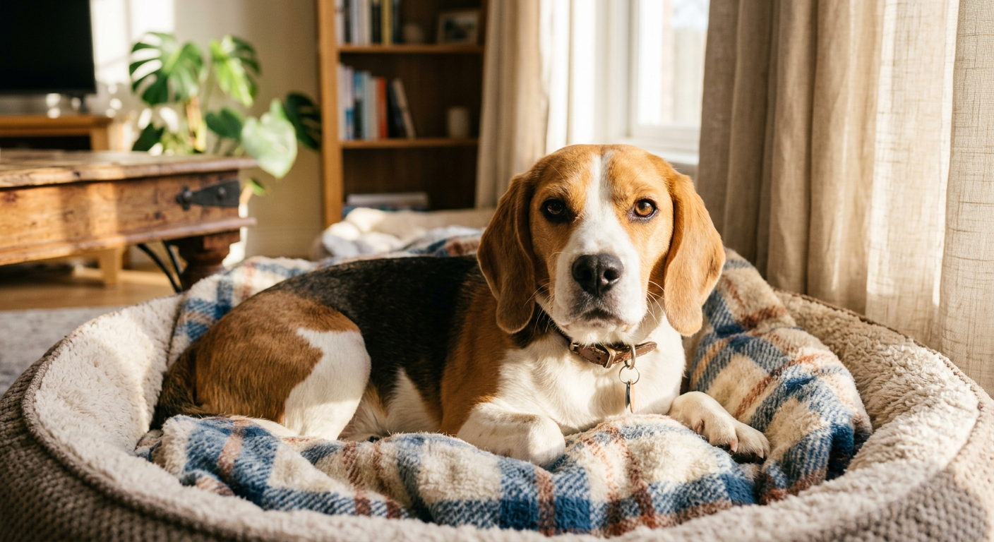 A close-up of a Beagle waking up in a sunlit room with clear eyes.