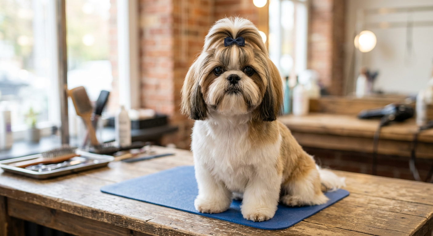 A Shih Tzu with long facial hair and clean, groomed eyes.