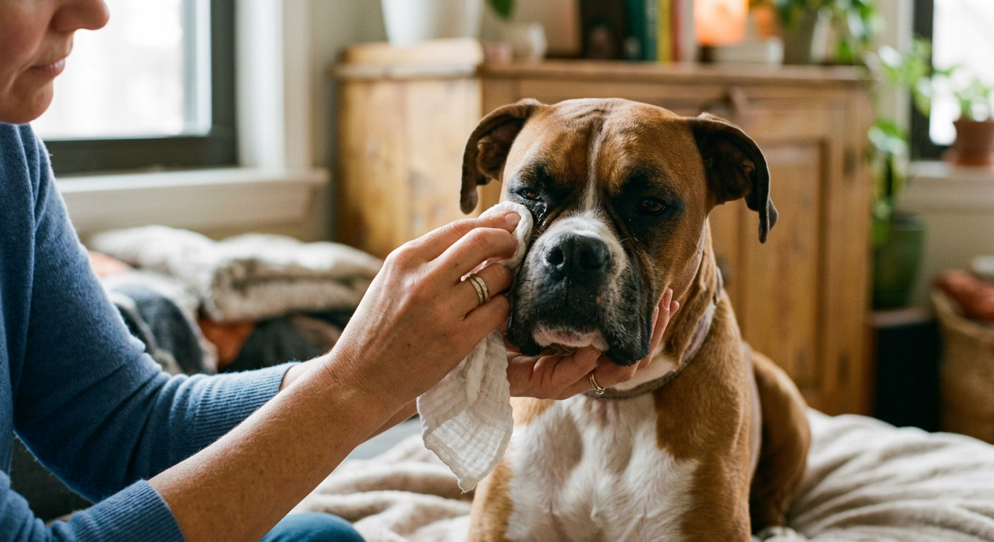 A person's hand gently cleaning a Boxer's eye with a soft cloth.