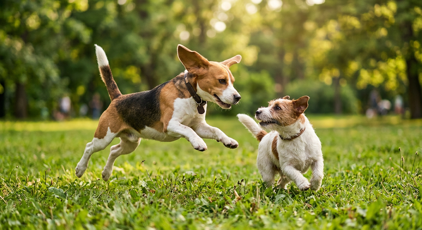 A Beagle and a Jack Russell Terrier playing together in a grassy park setting under sunlight.