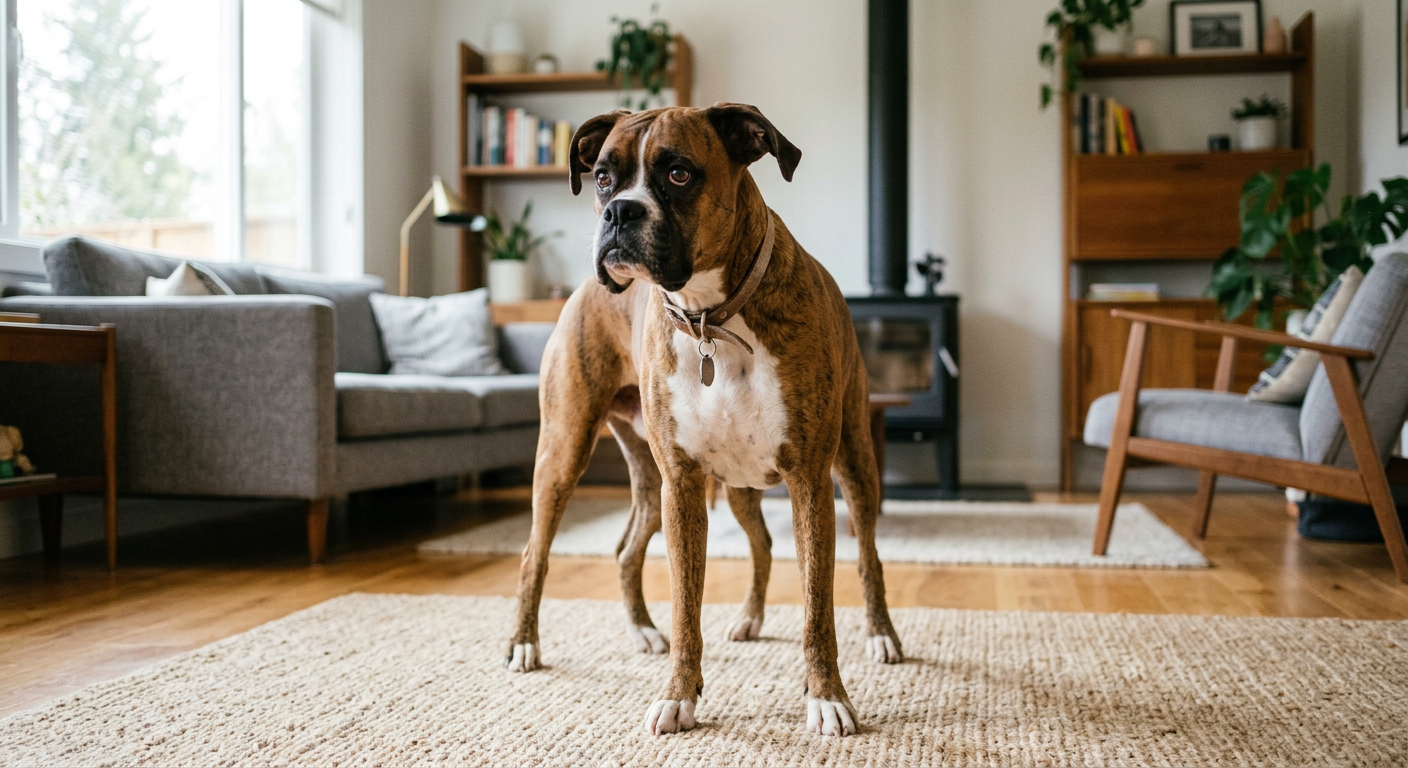 A Boxer dog looking slightly anxious with its ears back while standing in a living room.