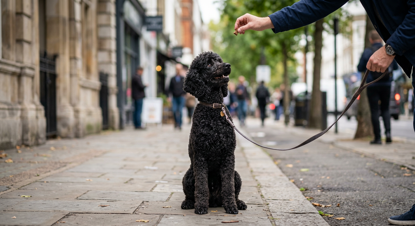 A Poodle sitting calmly and looking at its owner while being rewarded with a dog biscuit.