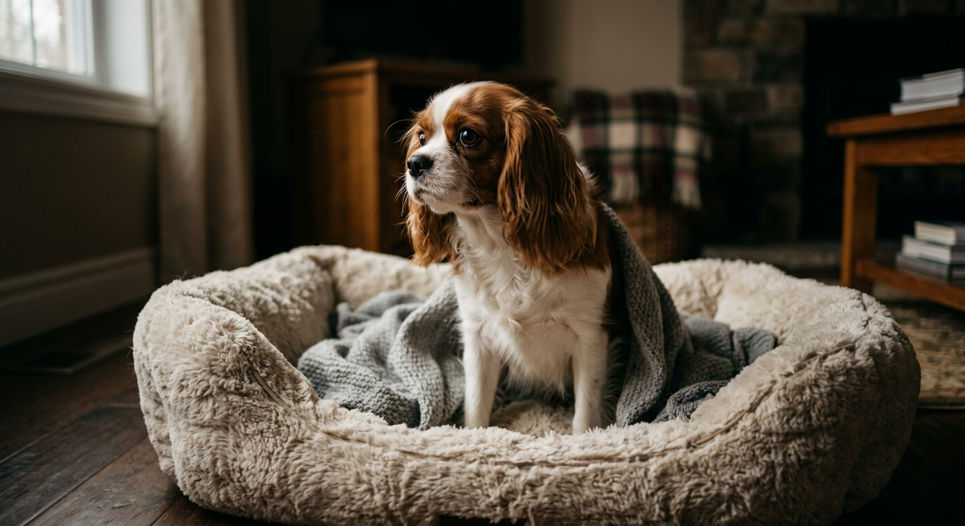 A small Cavalier King Charles Spaniel shivering in a dark living room at night.