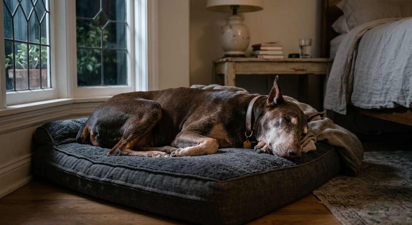 A senior Doberman Pinscher resting its head on an orthopedic bed at night.