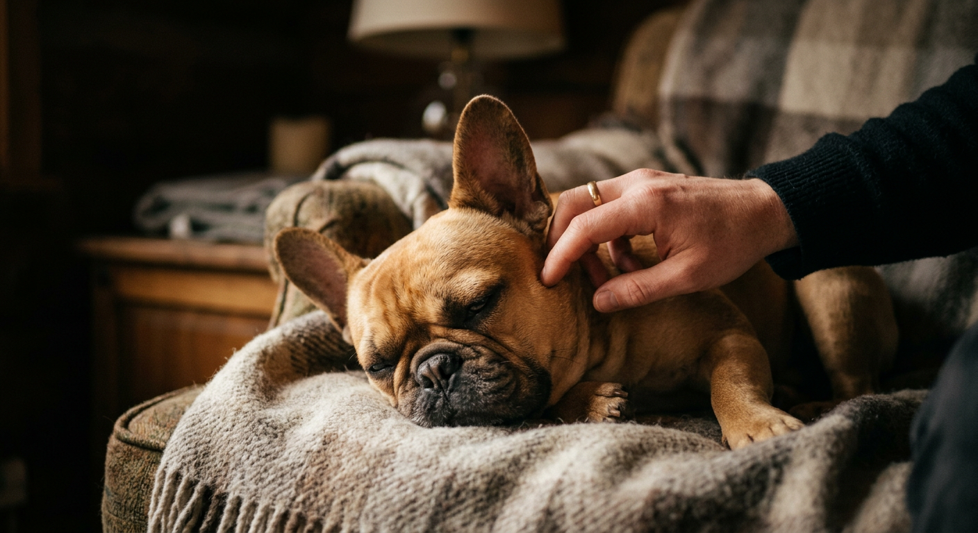 A person comforting a French Bulldog who woke up from a dream.