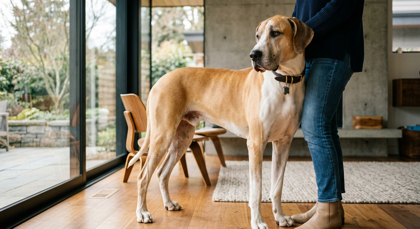 A large Great Dane dog leaning its body weight against a person's blue jeans in a sunlit living room.