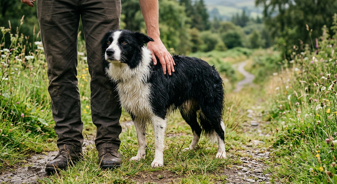 A fluffy Border Collie standing next to a person and leaning its head and shoulder against their legs.