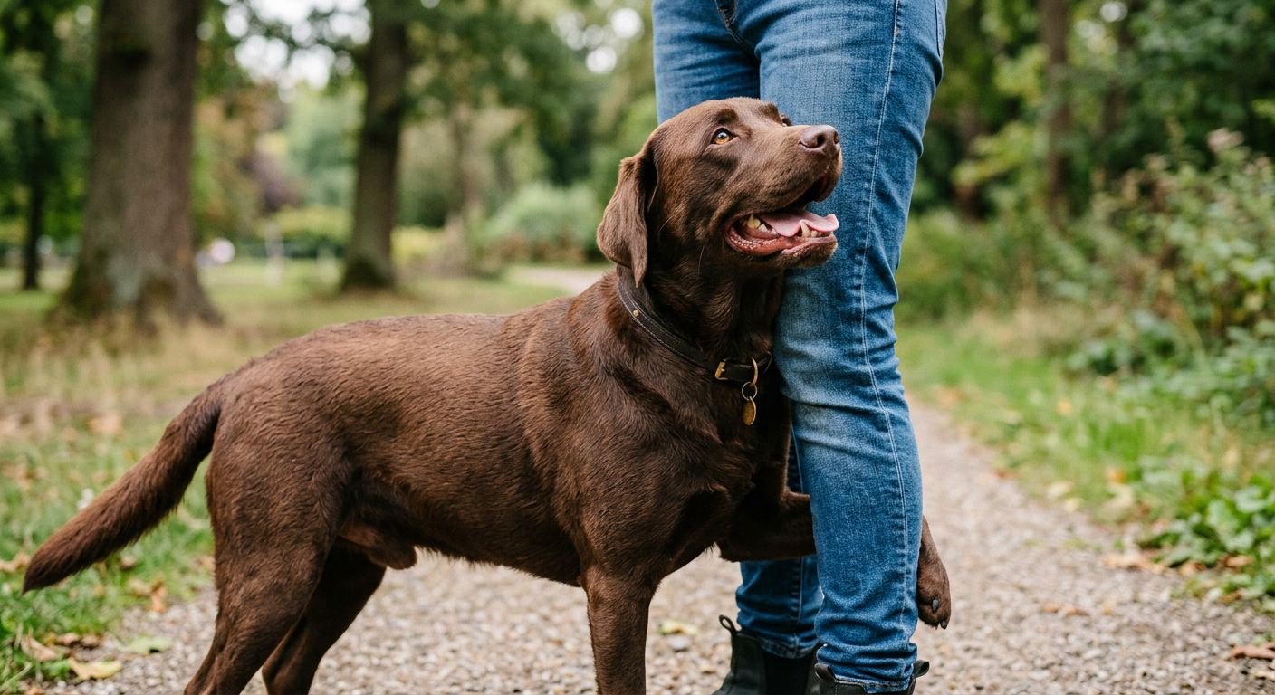 A chocolate Labrador Retriever leaning against its owner's legs while looking up with a happy expression.