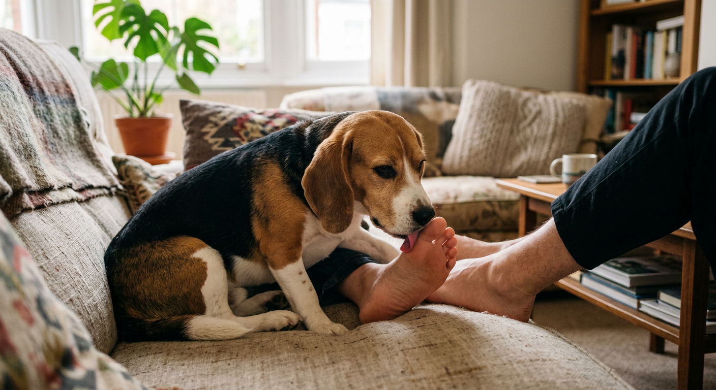 A curious Beagle sniffing and licking the toes of a person sitting on a sofa in a bright living room.