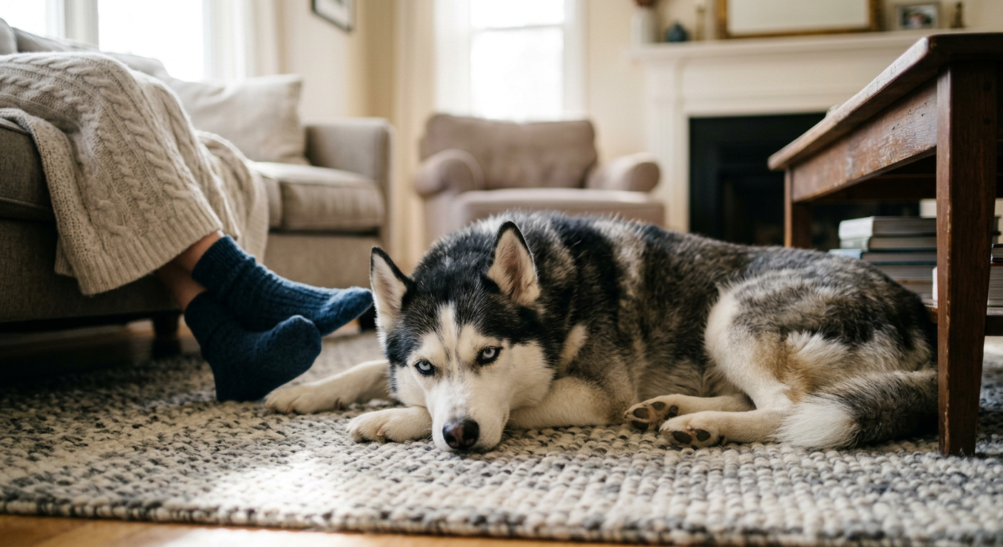 A calm Greyhound resting its head near a person's feet, looking relaxed and peaceful.