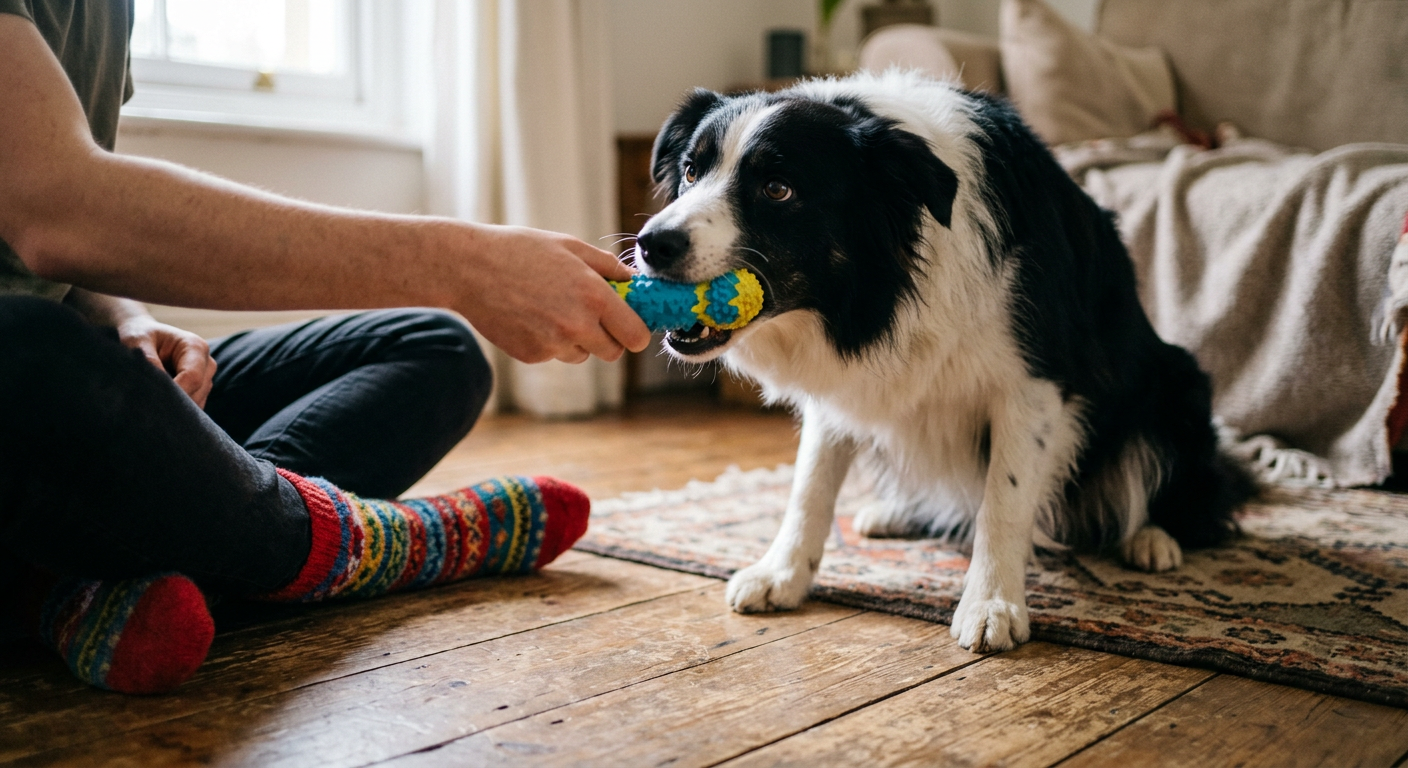 A person wearing socks while playing with a Border Collie to redirect its licking behavior.