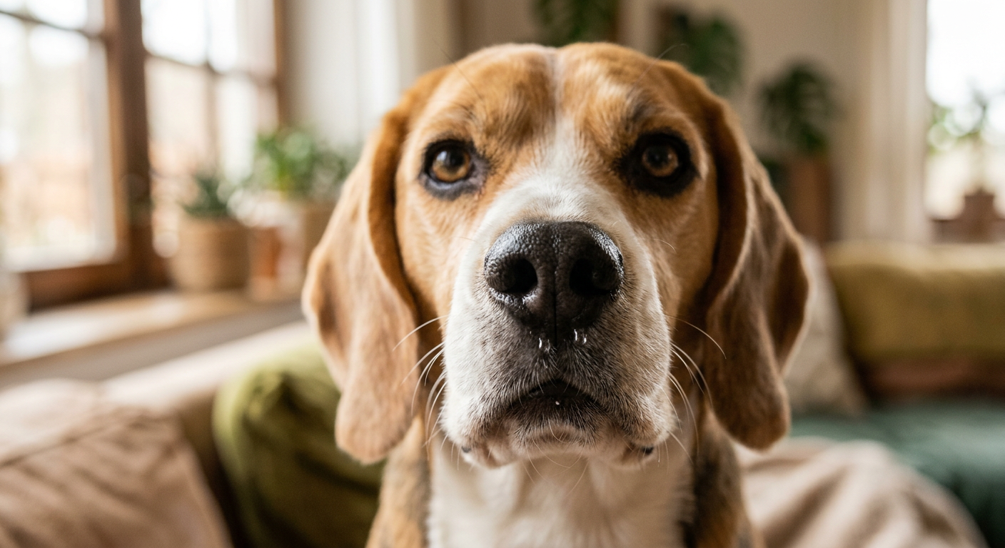 A cute Beagle dog with a slightly wet nose looking curiously at the camera in a sunny home.
