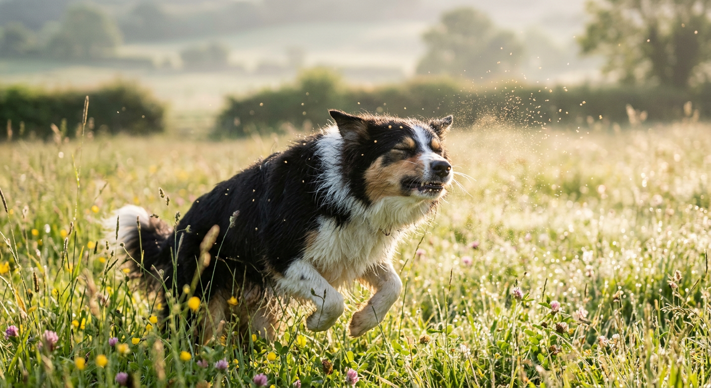 A Border Collie sneezing in a green field with wildflowers under bright daylight.