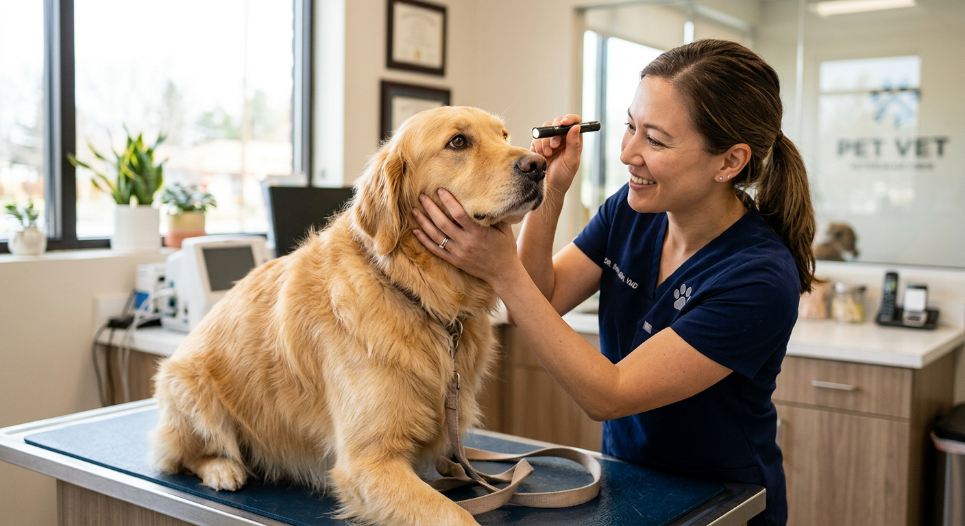 A Golden Retriever sitting calmly on an exam table while a vet checks its health.