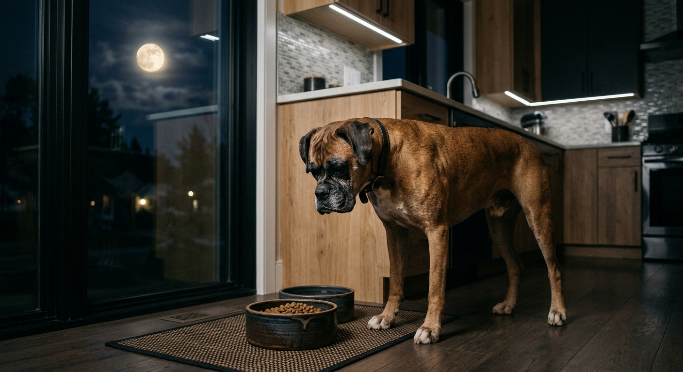 A brown Boxer dog standing near a food bowl in a dimly lit kitchen at night.