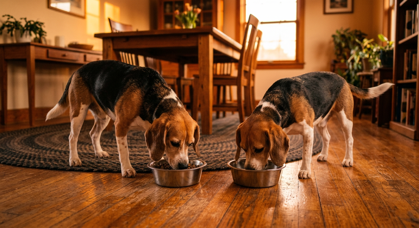 Two Beagles eating from separate bowls in a quiet dining room during sunset.